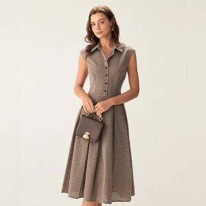 Rihoas Brown Plaid Button Pleated Midi Dress NWT